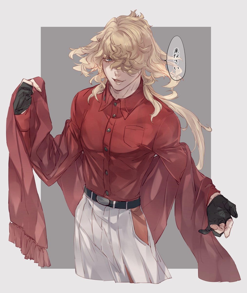 1boy male focus gloves hair over one eye blonde hair solo shirt  illustration images