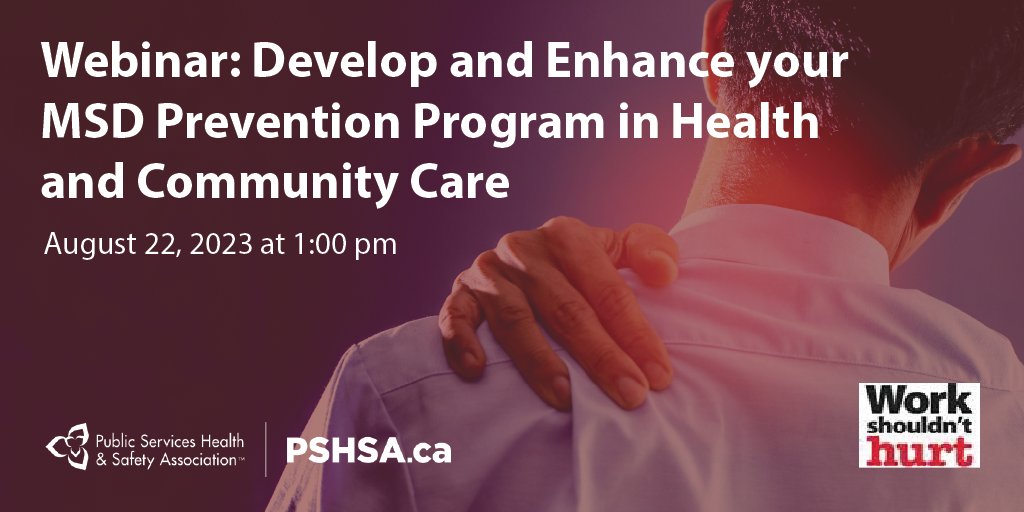#Healthcare #WorkShouldntHurt!

Join <a href="/CRE_MSD/">CRE-MSD</a> and PSHSA on August 22 from 1 - 2:30 pm to learn how health and #CommunityCare workplaces can integrate #MusculoskeletalDisorder (#MSD ) prevention into their #HealthAndSafety programs. 

Register: ow.ly/zl0v50PsoiO
