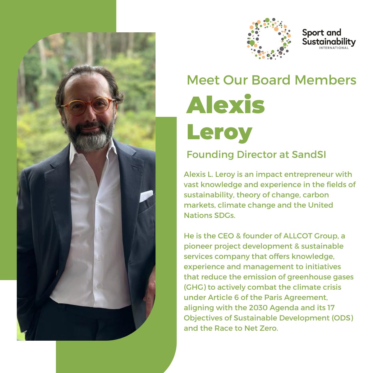 📢 Meet our Board Member: Alexis Leroy, impact #entrepreneur with vast knowledge and experience in the fields of #sustainability, theory of change, #carbonmarkets, #climatechange and the United Nations #SDGs.

He is the CEO &amp; founder of <a href="/ALLCOTGROUP/">ALLCOT</a>