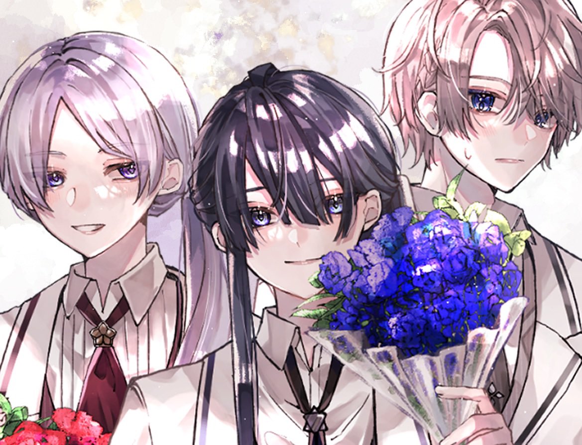 multiple boys bouquet flower purple eyes black hair holding bouquet smile  illustration images