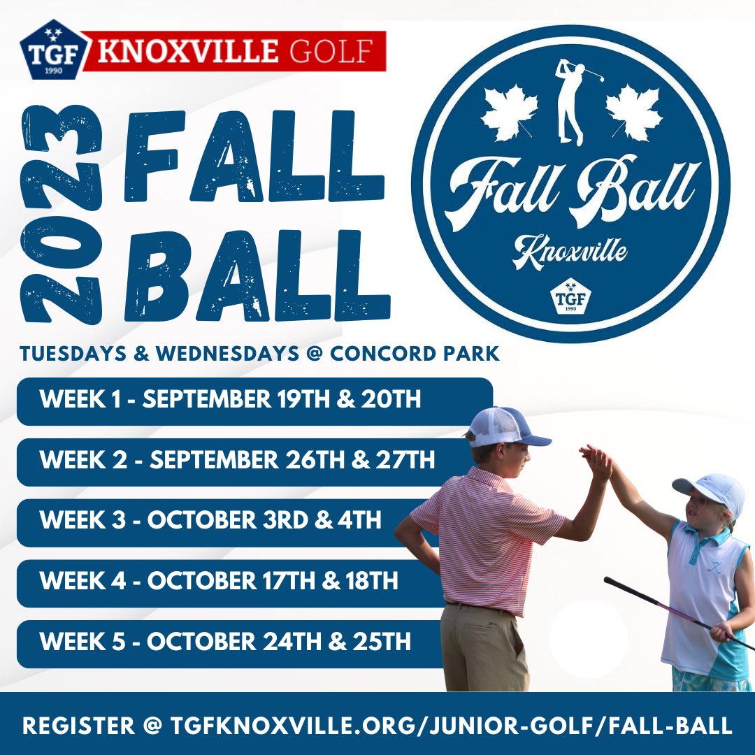 Knoxville Golf (@knoxareagolf) on Twitter photo π
Fall Ball is back for 2023!
ποΈββοΈ Junior Golfers grades 3-8
π <a href="/ConcordParkGC/">Concord Park Golf Course</a>
ποΈ Tues. & Wed. afternoons
βοΈ Matches start at 4 PM each day
League Registration ππ½
tgfknoxville.org/junior-golf/faβ¦
Looking forward to seeing everyone out there this fall! π
Fall Ball is back for 2023!
ποΈββοΈ Junior Golfers grades 3-8
π <a href="/ConcordParkGC/">Concord Park Golf Course</a>
ποΈ Tues. & Wed. afternoons
βοΈ Matches start at 4 PM each day
League Registration ππ½
tgfknoxville.org/junior-golf/faβ¦
Looking forward to seeing everyone out there this fall!