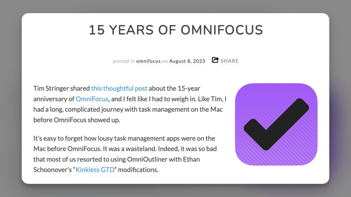 Tim Stringer (@timstringer) on Twitter photo My friend, @macsparky weighed in on 15 Years of #OmniFocus on his MacSparky Blog: vist.ly/7xvs
David's enthusiasm for OmniFocus in the early days of <a href="/macpowerusers/">Mac Power Users</a> strongly influenced my decision to adopt OmniFocus. My friend, @macsparky weighed in on 15 Years of #OmniFocus on his MacSparky Blog: vist.ly/7xvs
David's enthusiasm for OmniFocus in the early days of <a href="/macpowerusers/">Mac Power Users</a> strongly influenced my decision to adopt OmniFocus.
