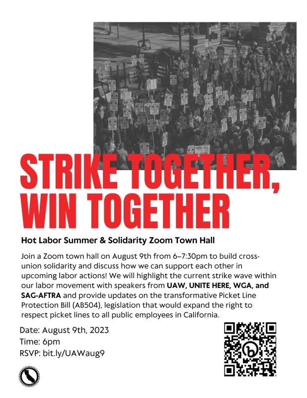 Curious about #SolidaritySummer? Want to build strike-readiness through powerful cross-union coalitions? Join tonight at 6pm via zoom to hear from Big 3 autoworkers of UAW 509 & 6645, panelists from @WGAWest, @SAGAFTRA, @UAW4121 & @UniteHereLocal11.

RSVP: bit.ly/UAWaug9