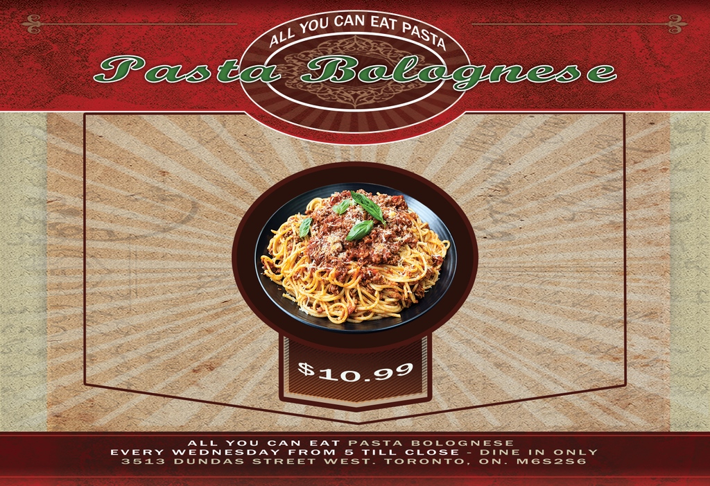 Look no further if you're looking for an affordable way to enjoy a hearty meal after a long day. The Cat Pub &amp; Eatery is the place to get your pasta fix. Join us every Wednesday night from 5 to 10 PM and get a plate of our all-you-can-eat pasta Bolognese for only $10.99!