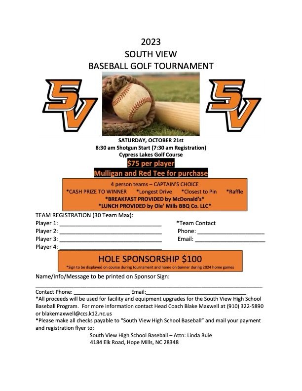 Sign up for the 2nd SV Baseball Golf Tournament! See the flyer below for details! <a href="/SouthViewBSBall/">South View Baseball</a> <a href="/SouthViewTigers/">South View High School</a> <a href="/PhyllisNJackson/">Phyllis Jackson</a>