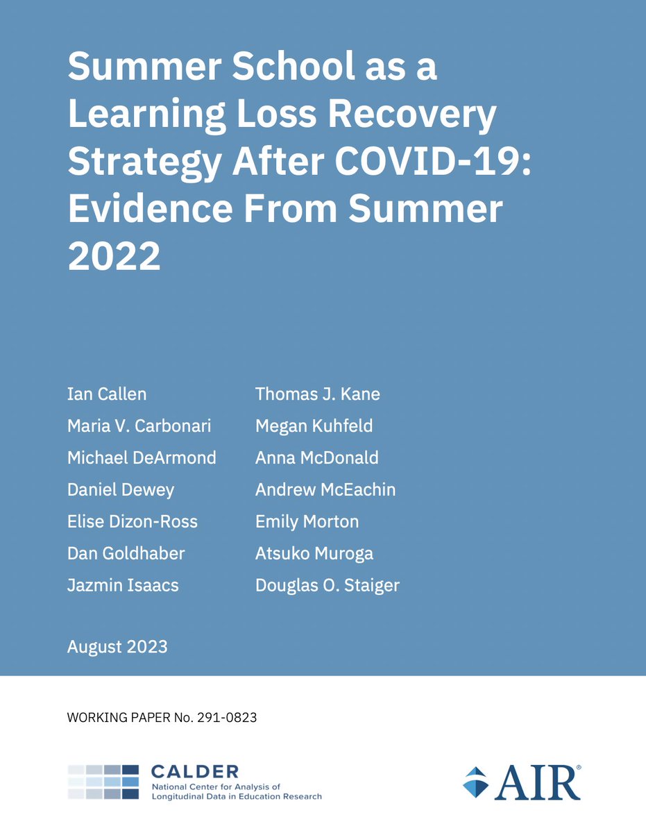 To what extent is summer school helping students recover from COVID-related learning losses?

We (big team) explore this issue in the latest <a href="/caldercenter/">CALDER Center</a> WP with colleagues from <a href="/NWEA/">NWEA</a> and <a href="/HarvardCEPR/">Harvard CEPR</a>.

Paper: bit.ly/3OPIUVm

And summary: bit.ly/3DPT7L4

(1/n)
