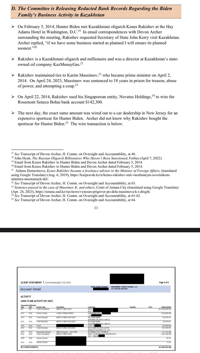 CollinRugg's tweet photo. BREAKING: The Biden family accepted $20 million from foreign countries including from Russian and Kazakhstani oligarchs according to newly released bank records.

Biden also personally met with some of these oligarchs to help sell “the brand.”

“During Joe Biden’s vice presidency, Hunter Biden sold him as ‘the brand’ to reap millions from oligarchs in Kazakhstan, Russia, and Ukraine," said Comer’s 19 page memo. 

"Then-Vice President Biden met in person, for significant periods of time with those individuals or their representatives.”

"Then-Vice President Biden joined approximately 20 phone calls on speakerphone with Hunter Biden’s foreign business associates and attended dinners with foreign oligarchs who paid huge sums of money to Hunter Biden. Joe Biden, ‘the brand,’ was the only product the Bidens sold."

One payment was made by former Moscow Mayor Yury Luzhkov’s widow, Yelena Baturina, who wired $3.5M.

Remember: They impeached Trump for asking about Biden Crime Family corruption…