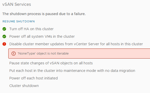 If you're running a vSAN cluster with ESXi 8.0 Update 1 hosts, and you're trying to "shut down the vSAN cluster", and you're running into this error, it might be because of disabled IPv6, according to the <a href="/VMware/">VMware</a> KB 92656: kb.vmware.com/s/article/92656 #VMware #vSAN #vExpert