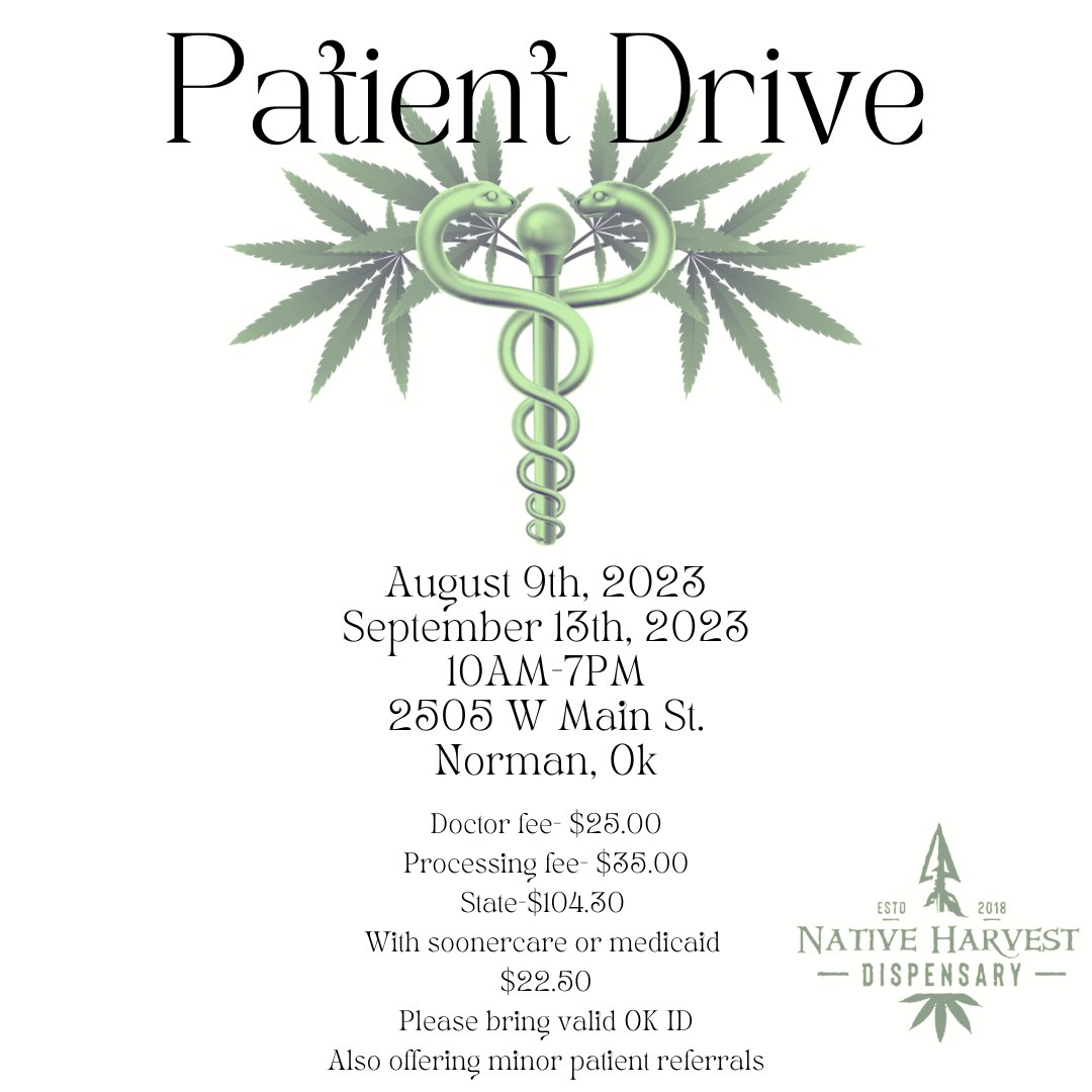 NativeHarvestOK's tweet photo. Renewal day is here! If it is time for you or someone you know to get their med card updated come on down. They will be here from 10am-7pm!
#nativeharvest #native #patientdrive #renewal #mmjcard #firstchoice #cannafam #cannaculture #cannacommunity https://t.co/iFyFYhwdHx
