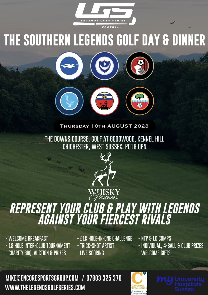 Can’t wait to be back at the very special <a href="/goodwood_golf/">Golf At Goodwood</a> tomorrow for ‘The Southern Football Legends Golf Day &amp; BBQ’! ⚽️⛳️🏆

See you all tomorrow, and get ready for The Hickory Club Challenge! 🪵😀

<a href="/ChestnutSussex/">Chestnut Tree House</a> <a href="/myuhsussex/">My University Hospitals Sussex</a> 

⛳️⚽️🏆

#SouthernLegendsGolfDay