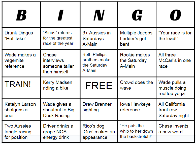 Big_Deck_Racing's tweet photo. Well, here it is! Your official Big Deck Bingo card for the 2023 @KnoxvilleNats! Play along and have some fun! 

@mccarl_racing @TerryMccarl24 @AustinMcCarl88 @CarsonMcCarl @kmr29 @NosEnergyDrink @D_Brenner11 @WorldofOutlaws https://t.co/S8P4ROCkJV