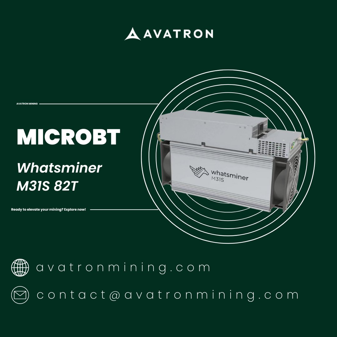 AvatronMining's tweet photo. ๐ Harness the might of #WhatsminerM31s 82TH!
โ๏ธ 82 TH/s hash rate for #BTC, #BSV, #BCH & beyond
๐ช 3360W power use, maximum efficiency
๐ Compact design: 130x220x390mm
โ๏ธ Operates from -5โ to 40โ
Step up your #mining game - order now!
#AvatronMining https://t.co/QGxUs1zjKx