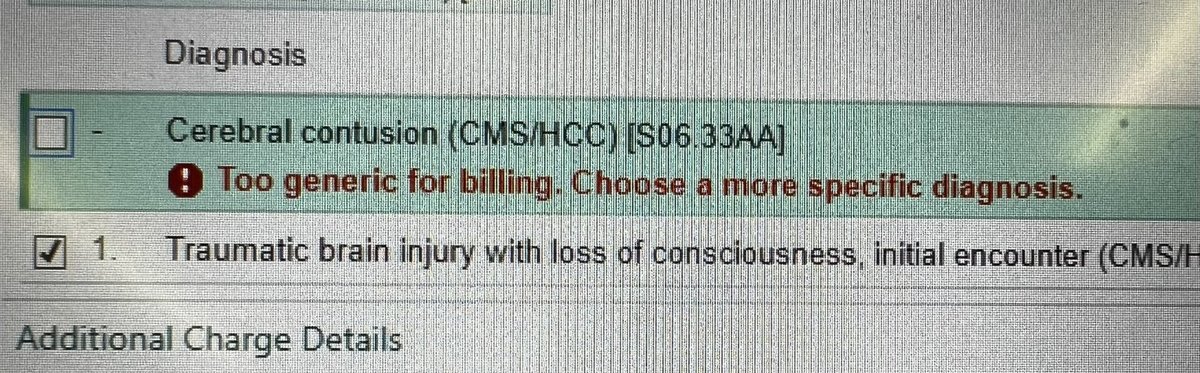 Another one. “Cerebral contusion” is too generic

The more generic clinical condition, “traumatic brain injury” is acceptable for billing

Clueless administrators making decision on how we are to practice medicine. 

Physicians have to deal with this daily. Death by 10,000 cuts