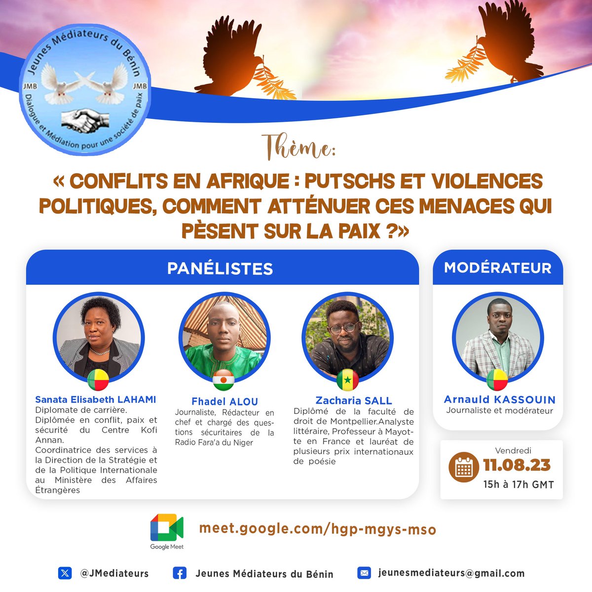 Nous serons heureux de vous avoir avec nous à ce moment de dialogue citoyen. 11/08/2023 via meet.google.com/hgp-mgys-mso <a href="/FndiayeOIM/">Fatou D Ndiaye</a> <a href="/UmugeniP/">UMUGENI Prisca</a> <a href="/ONU_fr/">Nations Unies (ONU)</a> <a href="/PNUDBenin/">PNUD Bénin</a> <a href="/UNDPPA/">UN Political and Peacebuilding Affairs</a> <a href="/UEauBenin/">UE au Bénin</a> <a href="/UNDPAfrica/">UNDP Africa</a> <a href="/MohamedAbchir/">Dr Mohamed Abchir</a> <a href="/ecowas_cedeao/">Ecowas - Cedeao</a> @FrancoiseROZAN <a href="/DjimeA/">Djimé Adoum</a> <a href="/ParisPeaceForum/">Paris Peace Forum</a> <a href="/wanep_benin/">WANEPBénin</a> <a href="/mdsc229/">Maison de la Société Civile</a>