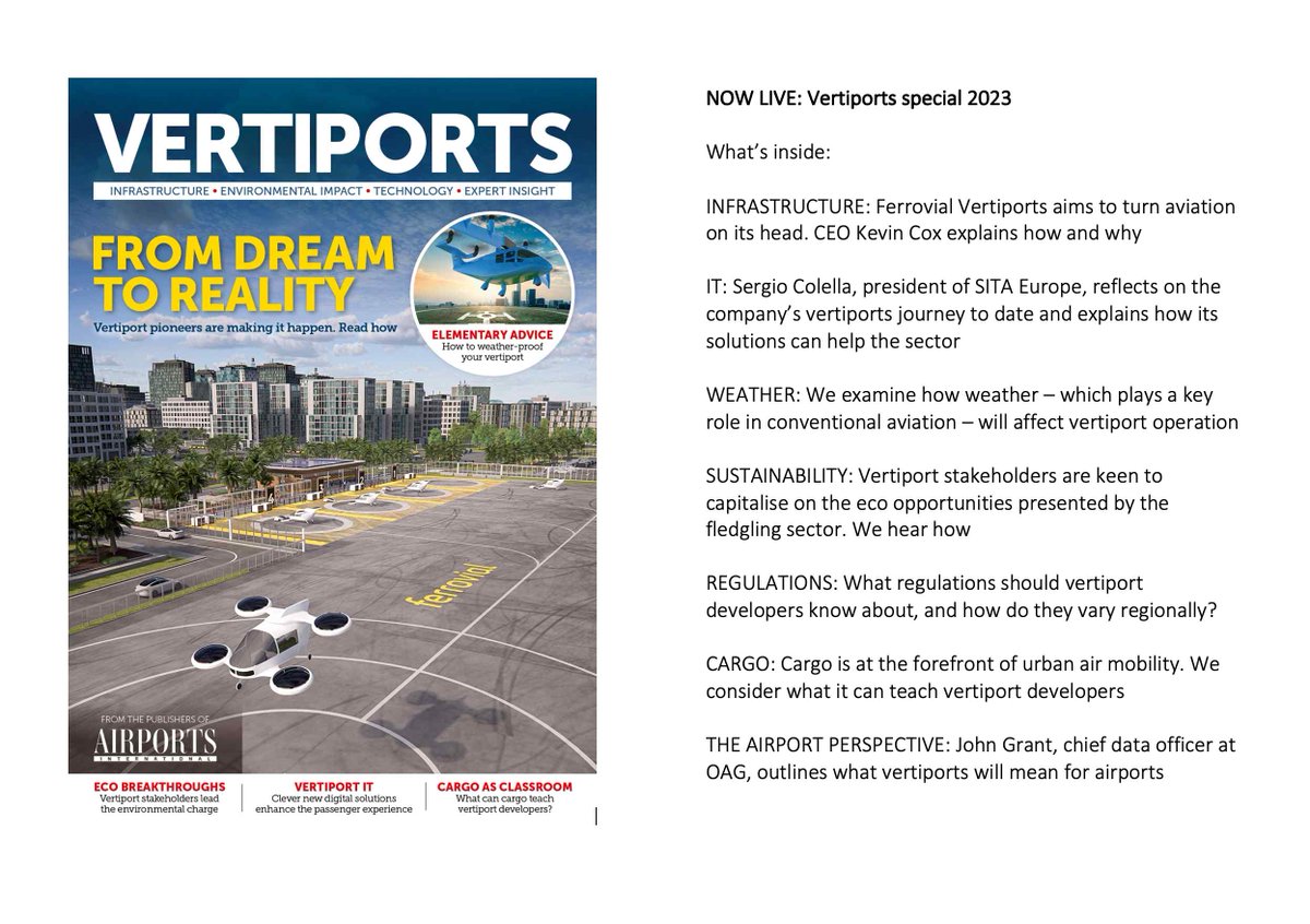 Airports International's first ever Vertiports special is now live  tinyurl.com/2e26jzdb
#vertiports #eVTOLs #AAM #UAM #Ferrovial #SITA #Skyports #UAP #UrbanV #Firstco #Arup