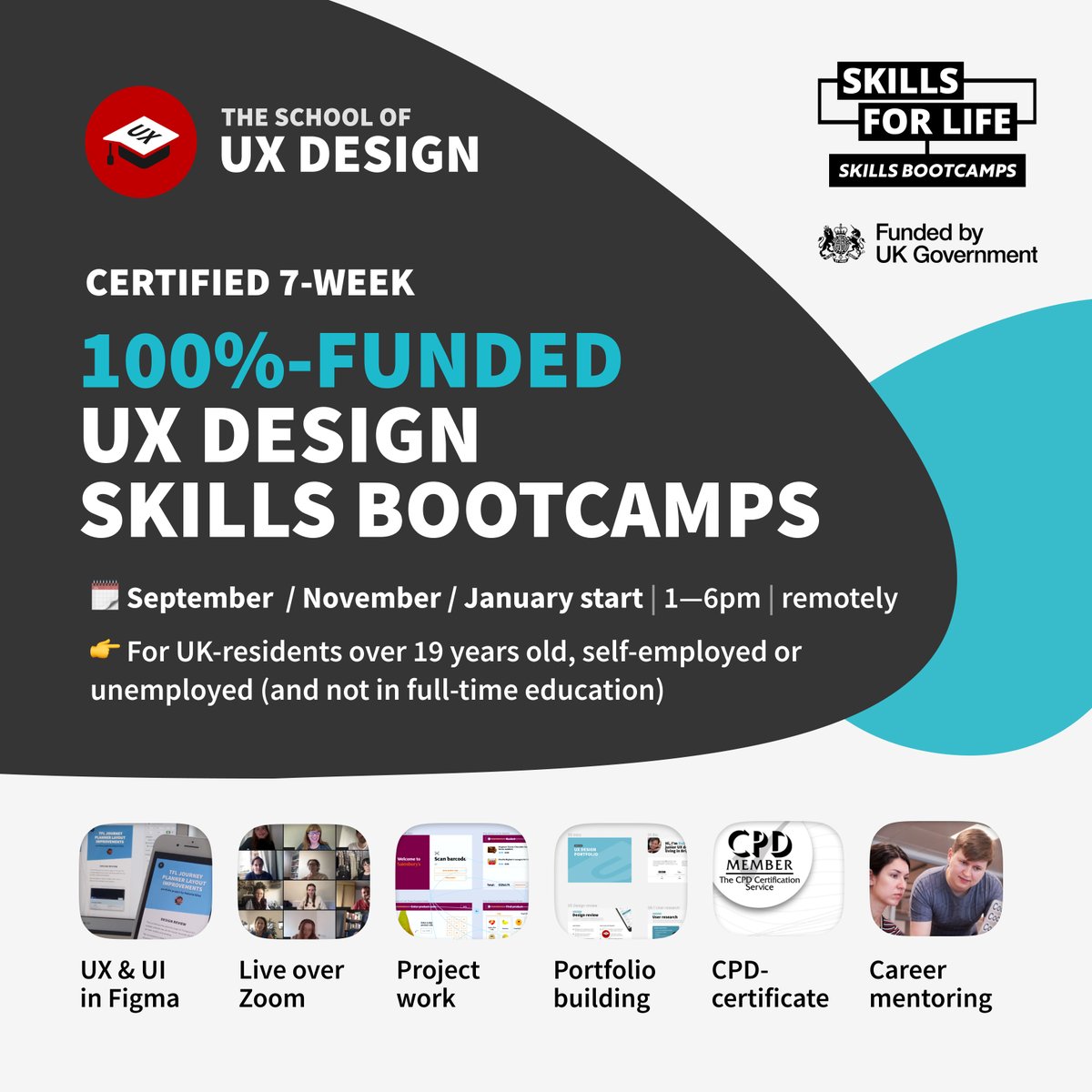 💥 Great news — we now offer 7-week #UX #SkillsBootcamps funded by UK Government 👉 apply at schoolofux.com/skillsbootcamp

💷 It's 100%-funded for self-employed or unemployed UK-residents, and 70—90%-funded for company employees. All part of our mission to make UX education accessible