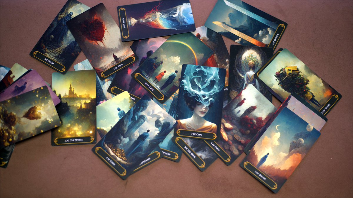 Tarotbg's tweet photo. We introduce an exciting #tarot deck created by a Bulgarian creator with a combination of  MidJourney AI v3 artificial intelligence. The result is a stunning tarot deck "Collective Unconsciousness Tarot". 
 Pre-order with a 10 % discount. https://t.co/YvfuOoDnwf https://t.co/THHGvM8E8i