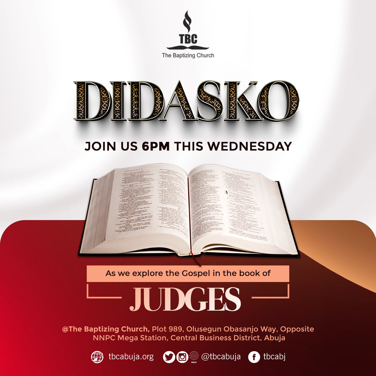 tbcabuja's tweet photo. We invite you to join us this evening at 6pm as we continue to study the book of Judges. Make sure not to miss this enlightening session! #midweek #midweekservice #TBCExcel https://t.co/FRknpcR9Aj