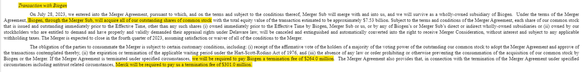 AndrewRangeley's tweet photo. Here's a funny one: $RETA is getting acquired by $BIIB, but their 10-Q suggests that $MRK will be required to by them $301m in an antitrust block.

(It's a clear drafting error, but makes it pretty clear there was a hot and heavy bidding war between Merck and Biogen!) https://t.co/KvVQhfnokz