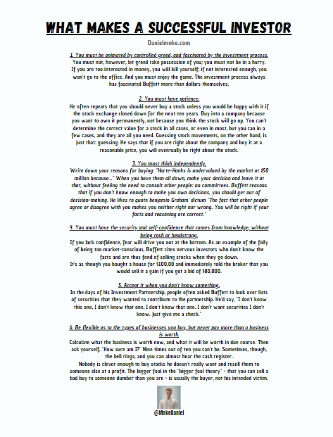 MnkeDaniel's tweet photo. Warren Buffett's first-ever published List of what makes a Successful Investor:

Published in John Train's Book in 1980 "The Money Master."