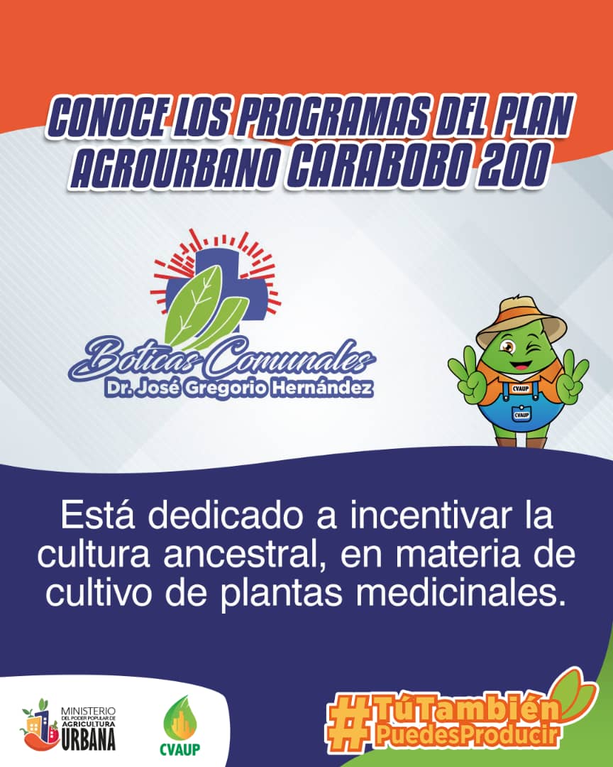 #NotiCVAUP
El Programa Boticas Comunales Dr. José Gregorio Hernández te ofrece la oportunidad de participar en la Agricultura Urbana.
¡Tú También Puedes Producir! 
#14AñosDeAmorTricolor
