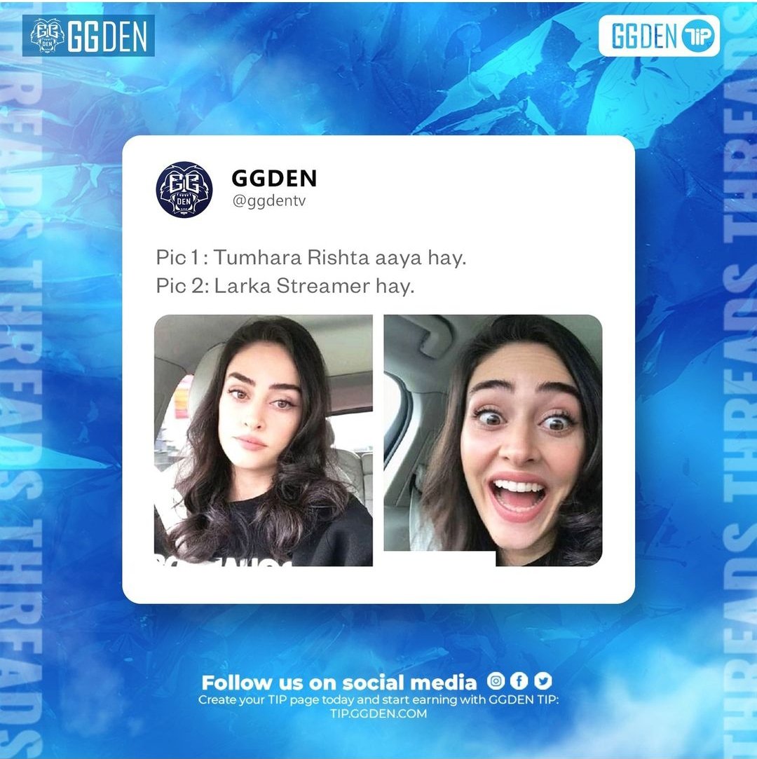 ggdentv's tweet photo. Pic 1 : Tumhara Rishta aaya hay.
Pic 2: Larka Streamer hay.
#GGDEN #TIP #LIVE #stream #streamer https://t.co/TEVNT4NS6q
