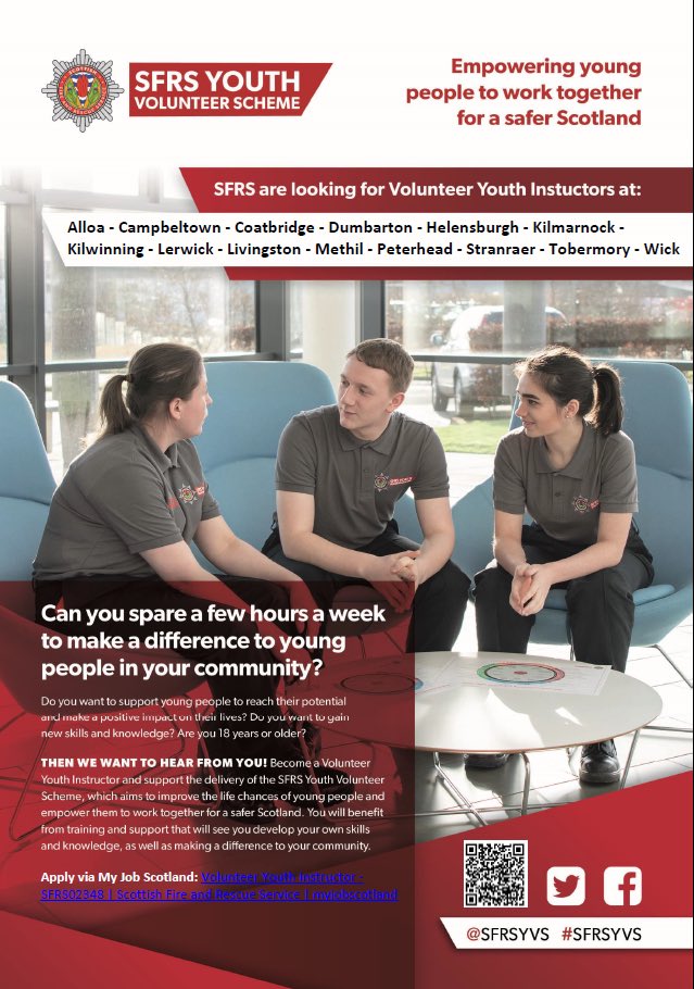 Can you spare a few hours a week? SFRS Youth Volunteer Service Wick is urgently looking for some volunteers to help us run the scheme on Monday nights. For more information please get in touch or apply through myjobscotland.