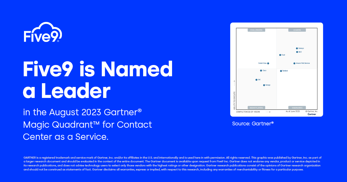 Five9's tweet photo. #Five9 is named a Leader in the August 2023 Gartner Magic Quadrant for Contact Center as a Service: https://t.co/Op5kV7yYT3

@Gartner_inc #CCaaS https://t.co/5ihSCq5egU