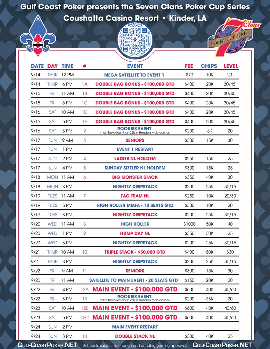 GCPNet's tweet photo. Schedules for Coushatta 7 Clans @CoushattaResort  and Poker Gras @harrahsnola presented by GCP released.  Win entries to a random draw for one Main Event seat in both ($1200), follow, tag, and retweet.  

Instructions and chance to earn more entries here: https://t.co/Liqjb9drka https://t.co/RmLA6JL8Dn