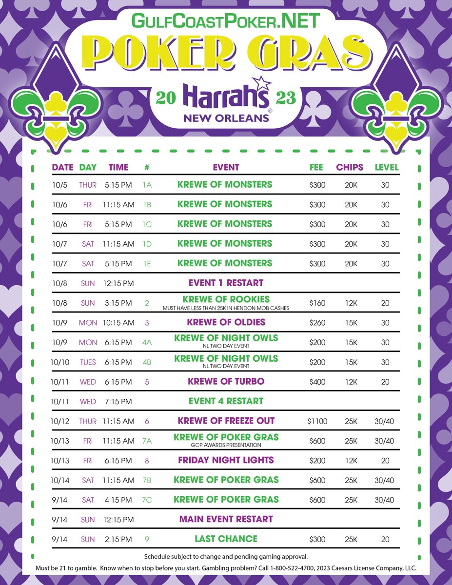 Schedules for Coushatta 7 Clans <a href="/CoushattaResort/">Coushatta Resort</a>  and Poker Gras @harrahsnola presented by GCP released.  Win entries to a random draw for one Main Event seat in both ($1200), follow, tag, and retweet.  

Instructions and chance to earn more entries here: facebook.com/GCP.NET/posts/…