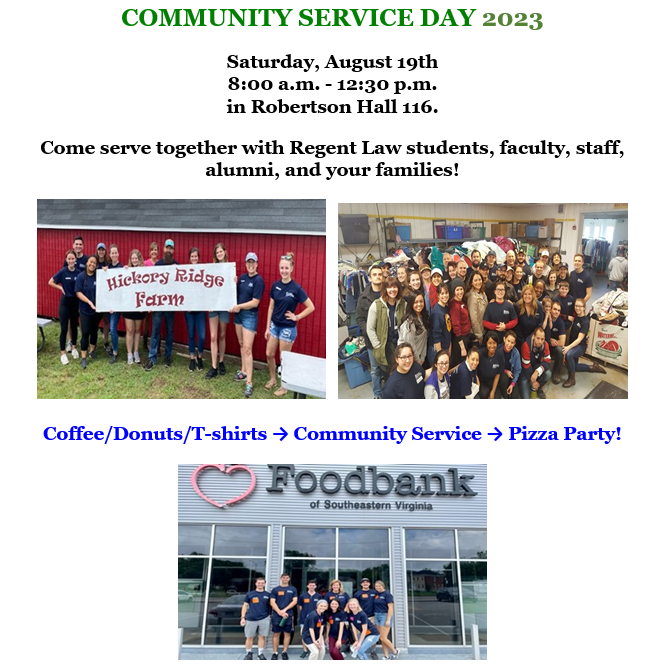 REGENT LAW COMMUNITY SERVICE DAY 2023! Students and alumni, come serve together Regent Law faculty, staff, alumni, and your families. Register by EOB Monday, August 14th at regent.edu/communityservi….