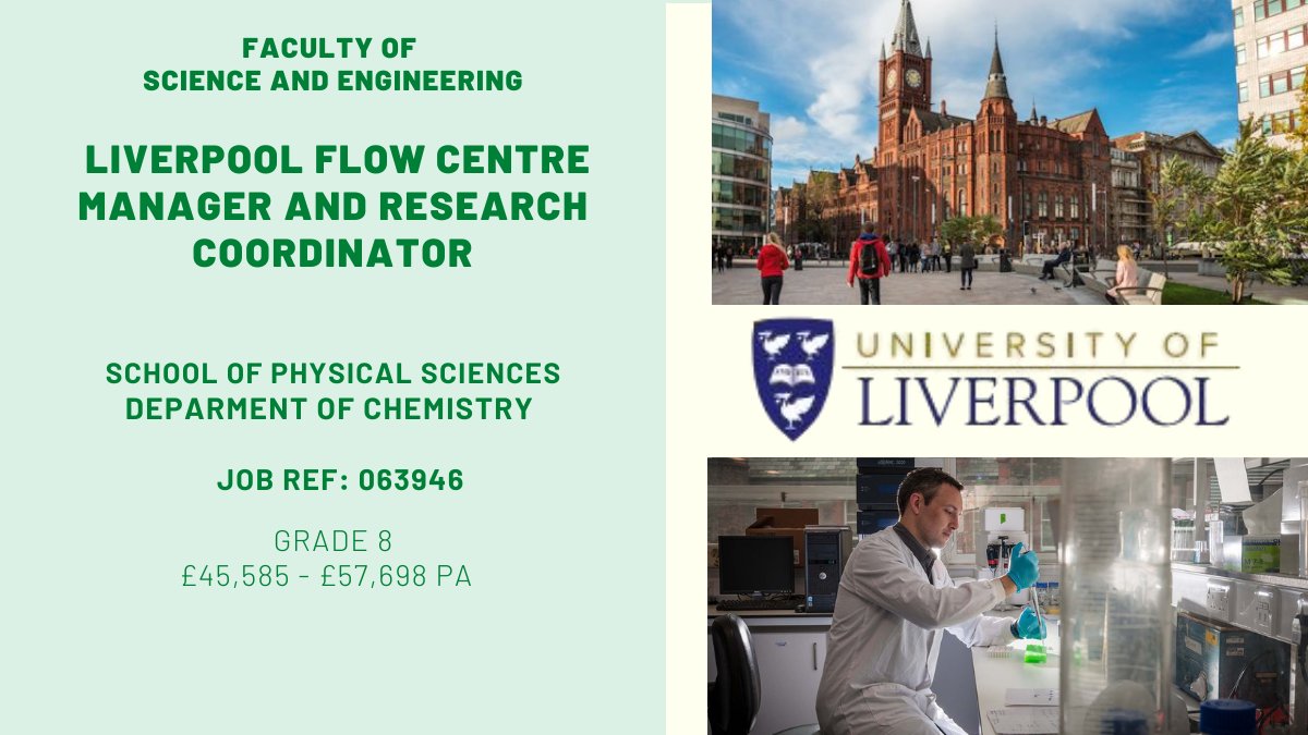 🚨Department of Chemistry's <a href="/AGSlaterGroup/">AG Slater Group</a> is looking for a Flow Centre Manager and Research Coordinator.
Join a vibrant &amp; growing team focused on the use of enabling technology, such as flow, to control complex chemical processes. 
Learn more: tinyurl.com/msr3mf6r 
<a href="/MIF_UoL/">MIF</a>