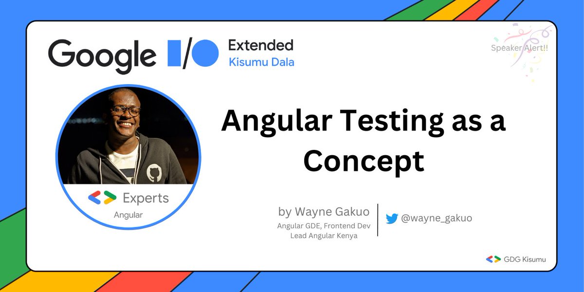 gdg_kisumu's tweet image. How does effective testing work in the Angular framework, and what are some practical tips for ensuring robust and reliable code?
If you are a curious #Angulardev you'd be interested in the spectacular @wayne_gakuo's talk on "Angular Testing as a Concept".
See you on 26th Aug!