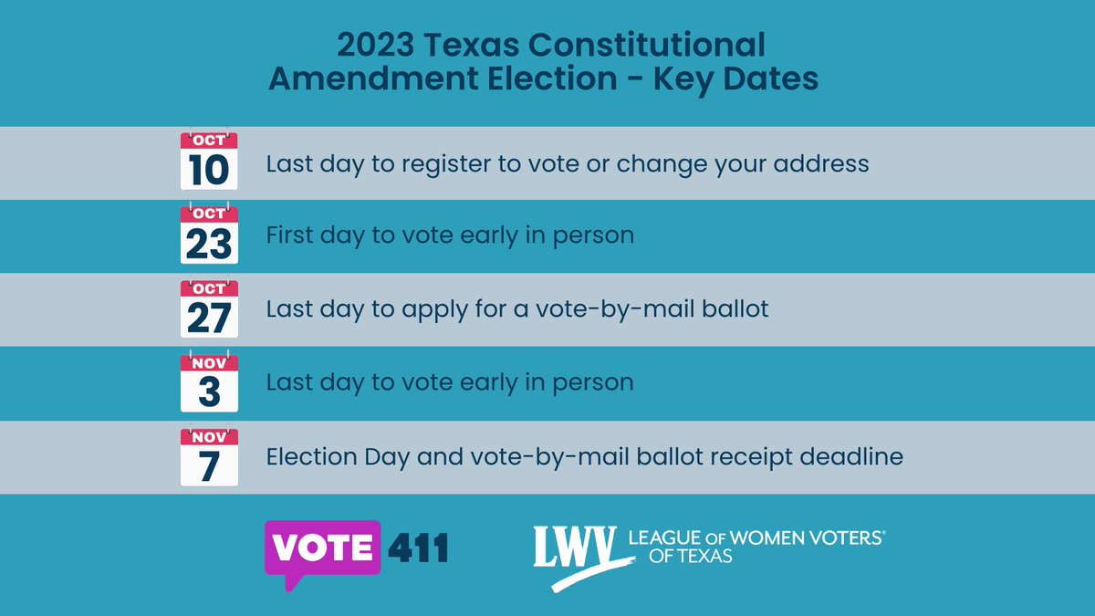 LWVTexas's tweet photo. Texas is having a Constitutional Amendment Election in November, and there will be 14 propositions on the ballot! Here are the key election dates you need to know: https://t.co/7jxM987Y6D