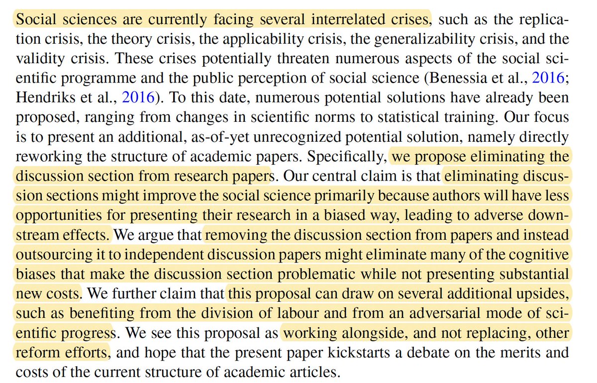 Philipp Schoenegger (@schoeneggerphil) on Twitter photo New paper out with <a href="/PilsRaimund/">Raimund Pils</a>!
We propose a new solution to the crises facing the social sciences: removing the discussion sections.
We argue that they harm honest scientific reporting and would provide epistemic benefits if outsourced from the standard article.
More below! New paper out with <a href="/PilsRaimund/">Raimund Pils</a>!
We propose a new solution to the crises facing the social sciences: removing the discussion sections.
We argue that they harm honest scientific reporting and would provide epistemic benefits if outsourced from the standard article.
More below!