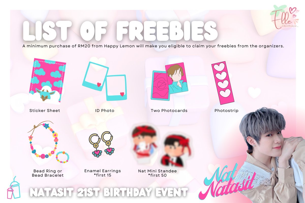 HelixLvr's tweet photo. 📢ANNOUCEMENT  

📌Freebies for attendees. 
With all the dedication and passion, we've prepared some exclusive freebies.  

🌟A min purchase of RM20 from cafe and eligible for these awesome freebies.   
STAY TUNED for MORE...... 

#CutieNat21BdayKL
#HappyNatasitDay 
#natasitt https://t.co/O2aM7zlqu0