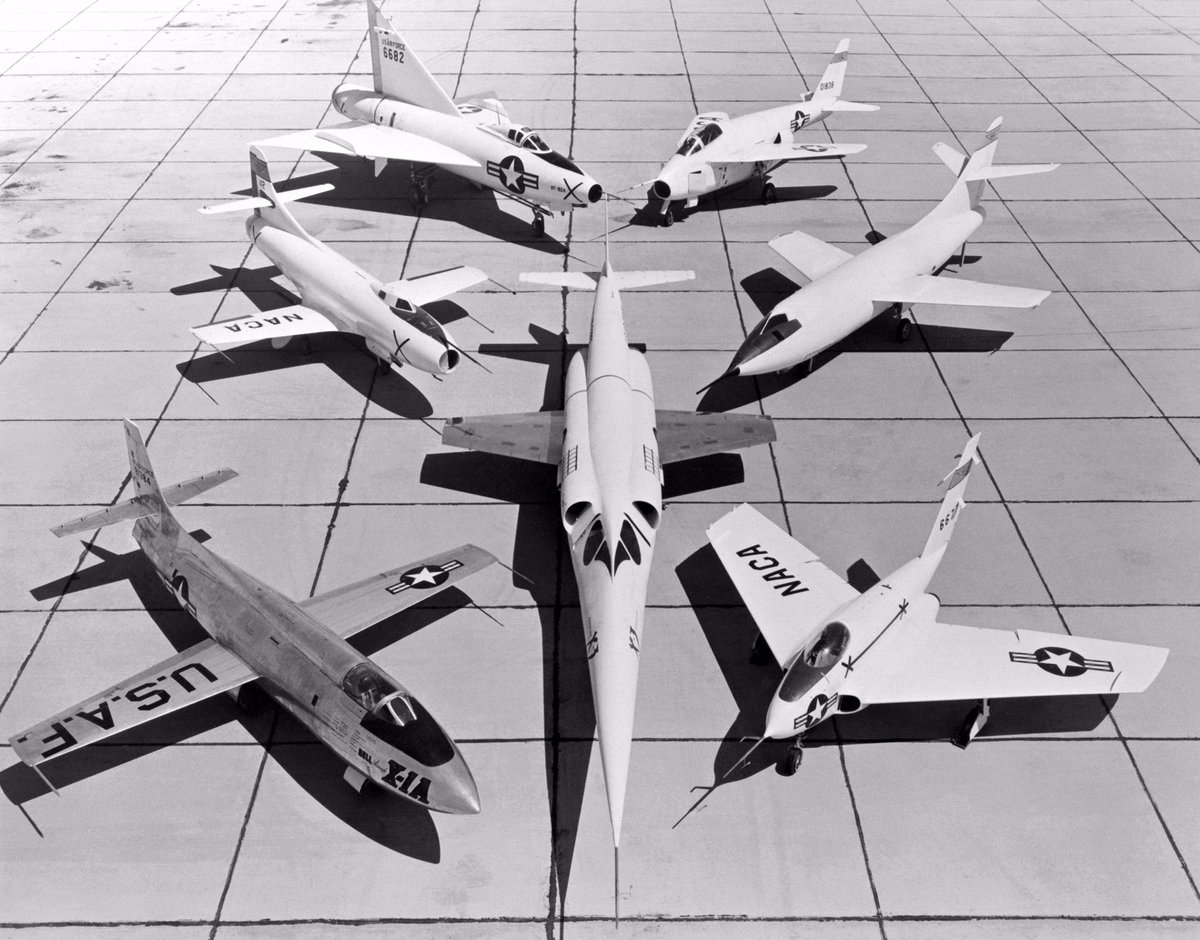 airandspace's tweet photo. "Okay, everyone squeeze in!" 📸

This photo from August 1953 shows a selection of research aircraft at the NACA High-Speed Flight Research Station. How many of them can you identify? https://t.co/KKS5WMCBsO