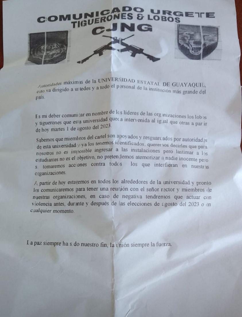 fabianespin's tweet photo. La Universidad de Guayaquil intervenida....... Pero por los tiguerones y los lobos 🥴🥺

El crímen campea por las calles, da rueda presa, comunicados y no hay @PoliciaEcuador, @FFAAECUADOR ni gobierno que haga algo, todo está podrido https://t.co/WI8JcfF68z