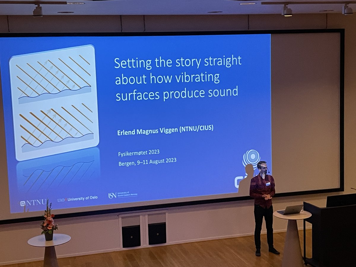 rothkopfAK's tweet photo. Final talk today at #Fysikermøte2023 @vilvitebergen @UiB by @ErlendViggen (@NTNU @unioslo @USN_info) on an interesting topic from everyday life: Taking a closer look at how vibrating surfaces actually produce sound? https://t.co/JXPKSjILnc