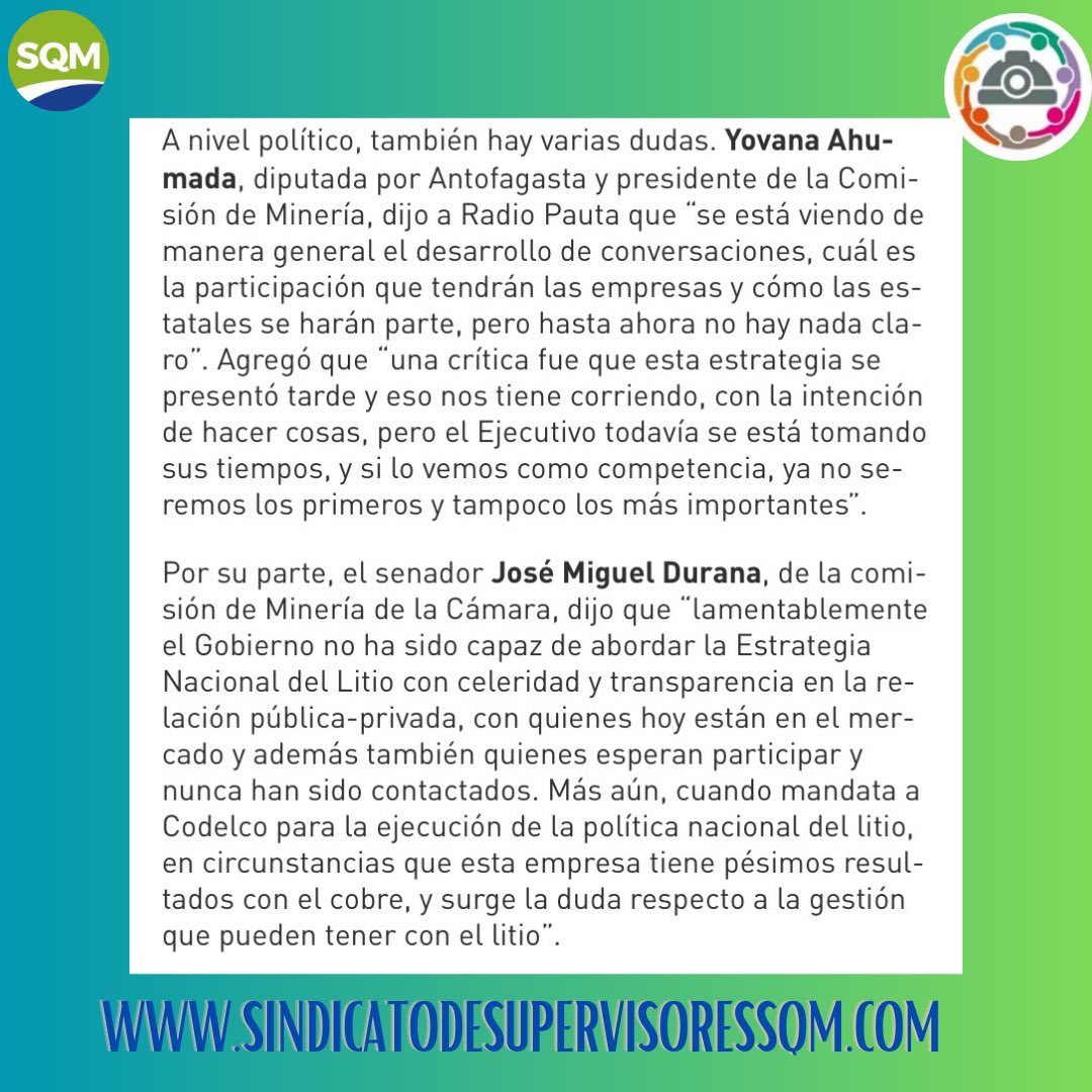 supervisoressqm's tweet photo. 🚨Hacemos un llamado a los ejecutivos de SQM para que se siente a dialogar con los sindicatos de la empresa. Los Supervisores tenemos voz y queremos que nos escuchen. El diálogo es fundamental para avanzar! https://t.co/MoIF0wmYEQ