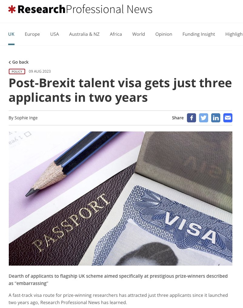 Remember Patel and others telling us how stopping EU free movement (including ours) would allow the UK to select only 'the brightest and the best' ? Seems the 'brightest and the best' ain't that bothered. Only 3 applicants in 2 yrs for the post-Brexit 'Global Talent' scheme 🤡👇