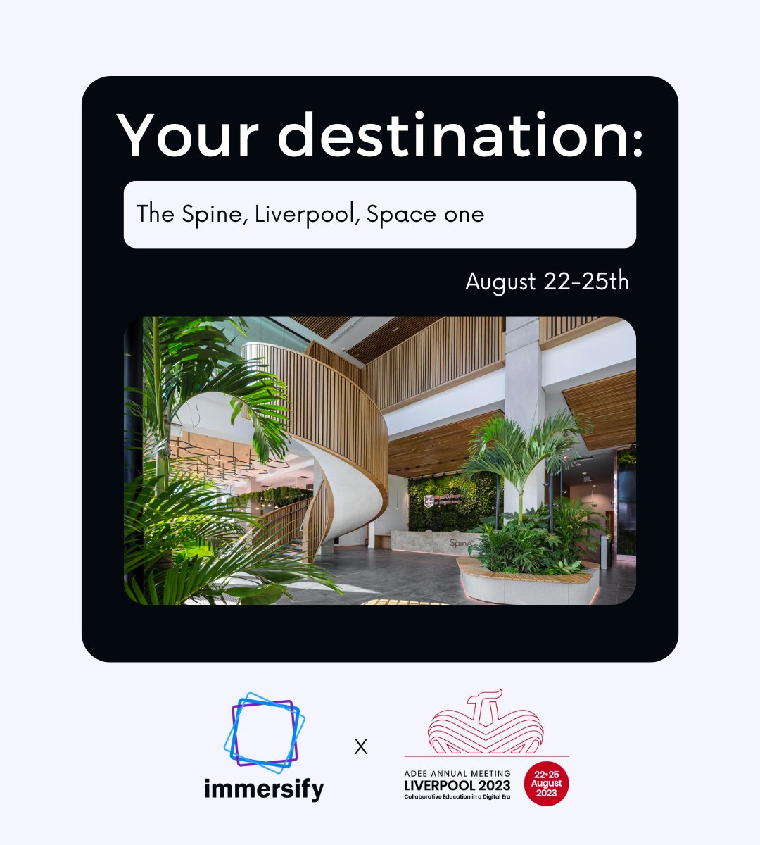 Step into the future of education with Immersify at the <a href="/ADEEorg/">ADEE.org</a> conference! 

Swing by the Immersify Education stand at space one in The Spine, Liverpool, and prepare to be blown away. 

Get ready to immerse yourself in mind-blowing technologies that will revolutionize learning