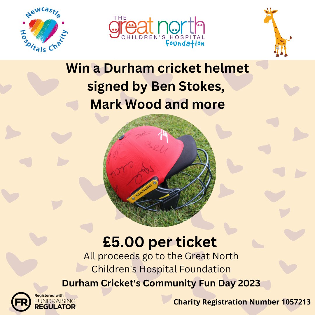Join us this Friday for @DurhamCricket's 2023 Community Day. We have a helmet, signed by @benstokes38 and @MAWood33, that we are raffling on the day. Want to enter? Tickets are £5 from our stall. All proceeds are going to The @GreatNorthCH Foundation.