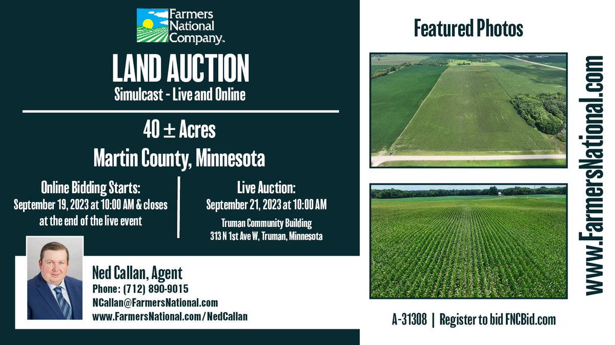 FarmersNational's tweet photo. Land Auction!
Simulcast Auction - live and online.
40 acres in Martin County, Minnesota.

High-quality farm! 90 CPI, nearly all tillable, and excellent appeal. The property is located near Fairmont's strong grain markets.

🔗: https://t.co/tjfe989Htu https://t.co/CC6I5N474D