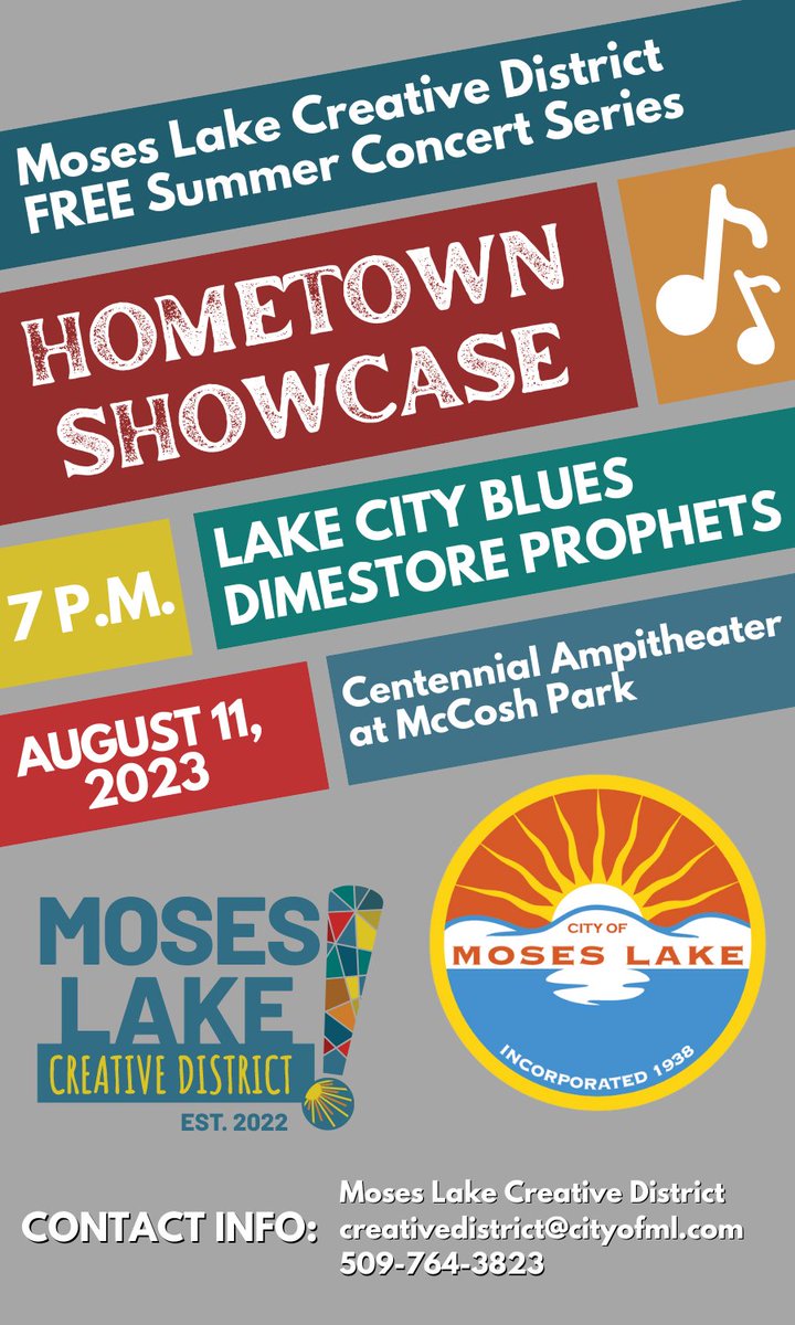 City of Moses Lake #creativedistrict is excited to present a FREE concert! Hometown Showcase will feature Lake City Blues & Dimestore Prophets. Free & open to the public.

📆Aug 11 | 7 p.m.
🌎Centennial Amphitheater | Moses Lake
👉🏽 facebook.com/events/1016467…
#waarts #creativeeconomy