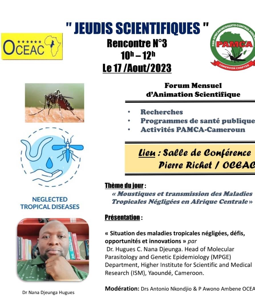 Pamca Cameroon (@cameroonpamca) on Twitter photo Reminder...
<a href="/CameroonPamca/">Pamca Cameroon</a> is organising for the coming #Mosquitoday an open scientific debate on the subject: transmission of #NTDs in Central Africa, at #OCEAC on August17 with Dr <a href="/Nana_Djeunga/">Hugues Nana Djeunga</a> as main speaker.
Just be there...
<a href="/pamcafrica/">PAMCA, Africa</a>
#ISM
#OCEAC Reminder...
<a href="/CameroonPamca/">Pamca Cameroon</a> is organising for the coming #Mosquitoday an open scientific debate on the subject: transmission of #NTDs in Central Africa, at #OCEAC on August17 with Dr <a href="/Nana_Djeunga/">Hugues Nana Djeunga</a> as main speaker.
Just be there...
<a href="/pamcafrica/">PAMCA, Africa</a>
#ISM
#OCEAC