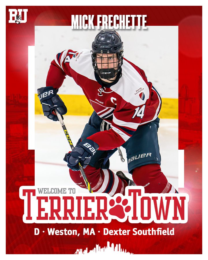 Graphic welcoming former Dexter Southfield defender and Weston, MA native Mick Frechette to Terrier Town. Includes photo of Mick skating for Dexter.