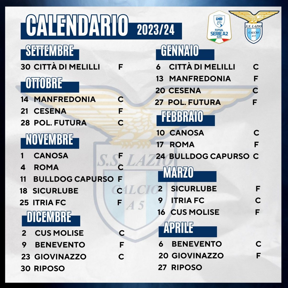 ℂ𝔸𝕃𝔼ℕ𝔻𝔸ℝ𝕀 𝟚𝟘𝟚𝟛-𝟚𝟘𝟚𝟜

La @DivCalcio5  ha reso noto i calendari della prossima stagione

Ecco il cammino che attende le nostre due squadre

La via è tracciata... ➡

#sempreinsieme 🦅💙