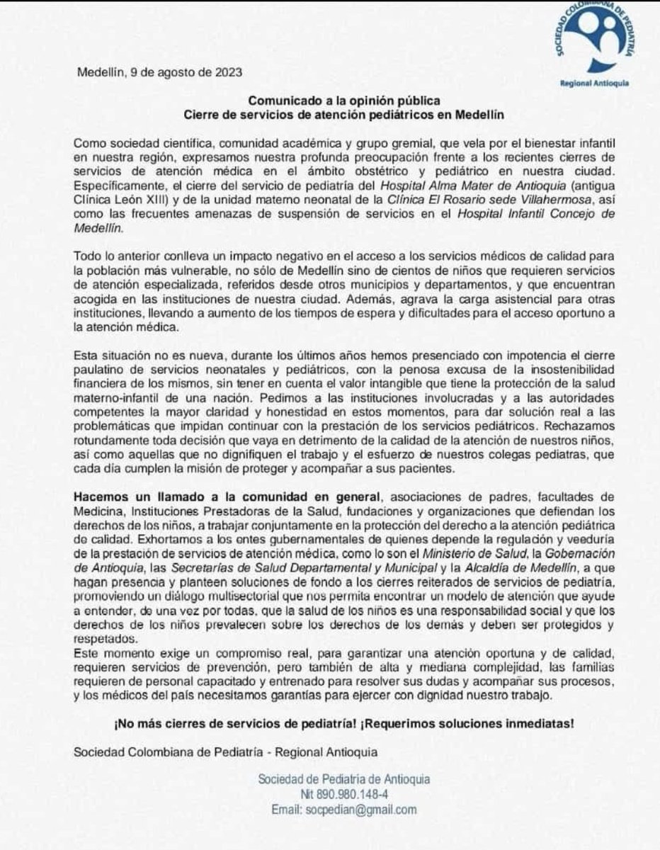 Sicolped1's tweet photo. La @SocPediatria y la SCP Antioquia, también manifiestan su alarma ante el cierre de camas de pediatría y exigen al gobierno nacional @petrogustavo a través de @MinSaludCol acciones inmediatas 👇 https://t.co/ciOYOjYoGH