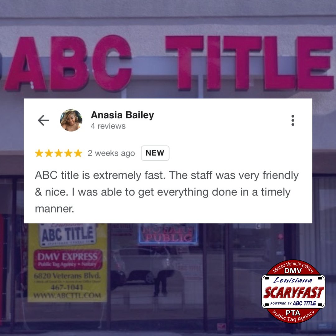 ABCTitleBoutte's tweet photo. 🚀 Thank you, Anasia, for your kind review! 🙌 We're delighted that our ScaryFast and friendly service left a positive impression. Your support motivates us to keep delivering exceptional experiences with a friendly smile. Have a fantastic day! 🚗🚗 https://t.co/F28imUJH3O